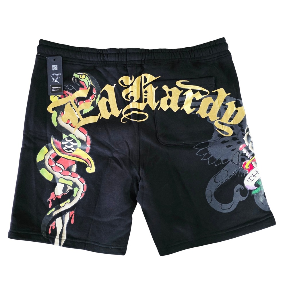 Ed Hardy Graphic‎ Print Sweat Shorts Black Art Drawstring XL Mens NWT